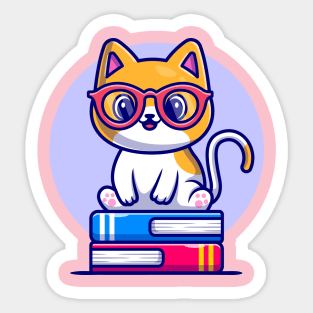 Cute Cat Sitting On Book Stack Cartoon Sticker